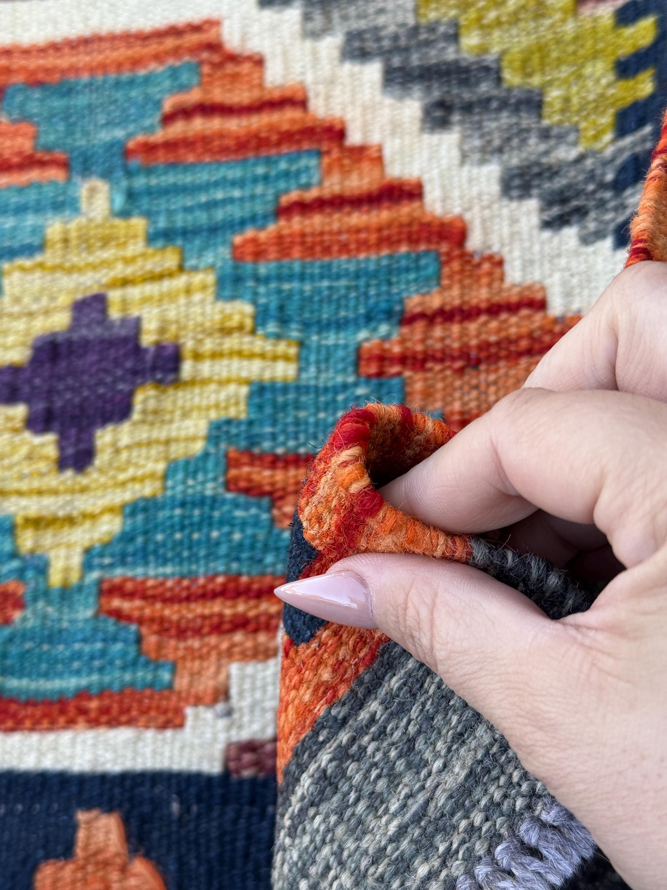 3x4 (91x121) Handmade Afghan Kilim Rug | Orange Black Teal