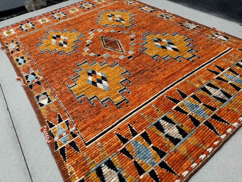 7x9 Handmade Afghan Moroccan Rug Burnt Orang Mustard Yellow Brown Black