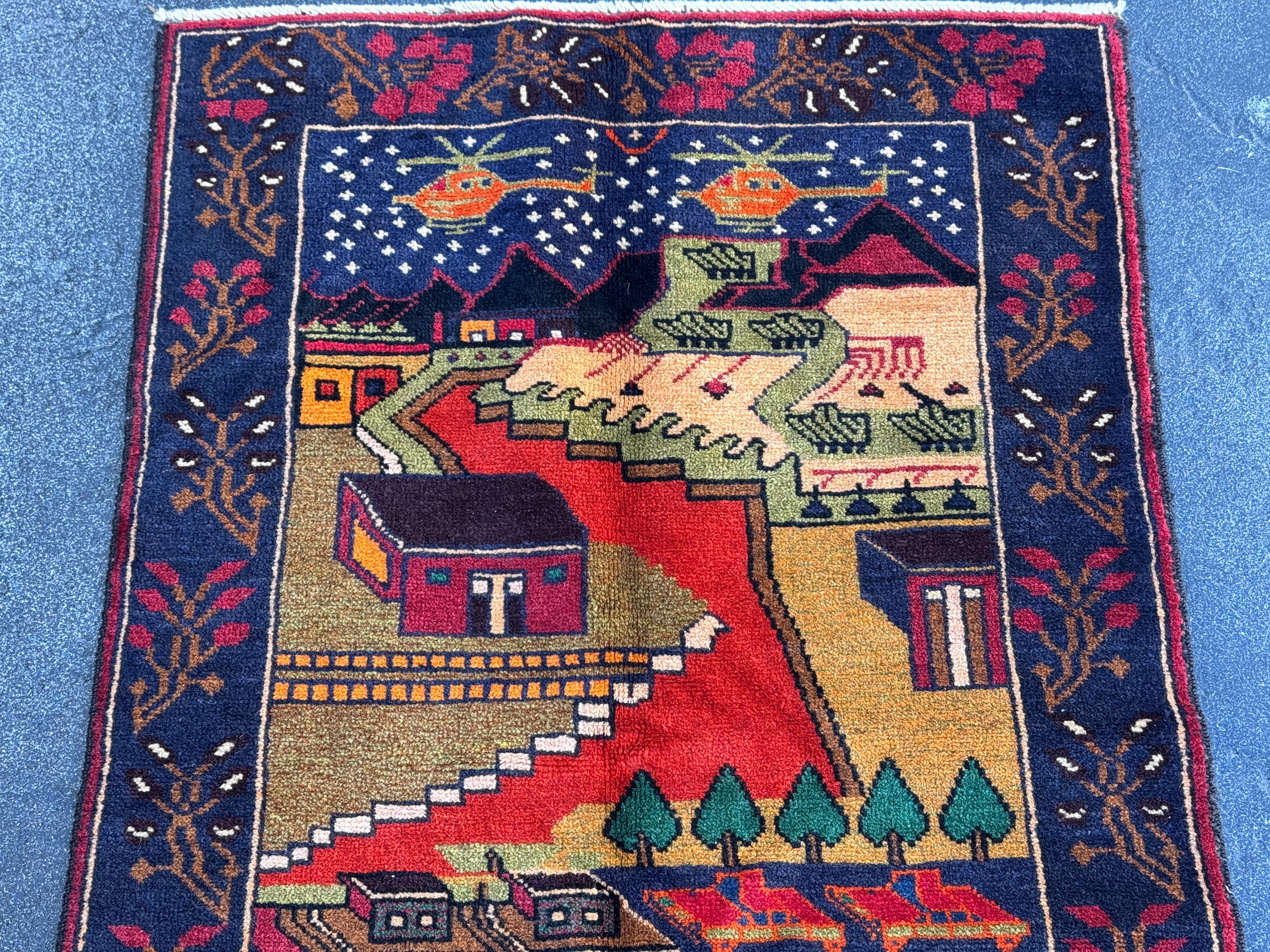 3x4-5 Handmade Vintage Afghan Baluch Rug Navy Blue Scarlet Brick