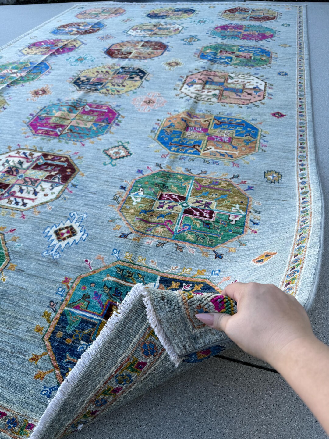 Prussian Rugs 7x10 Handmade Afghan Rug | Grey Prussian Royal Midnight Teal Blue White ...