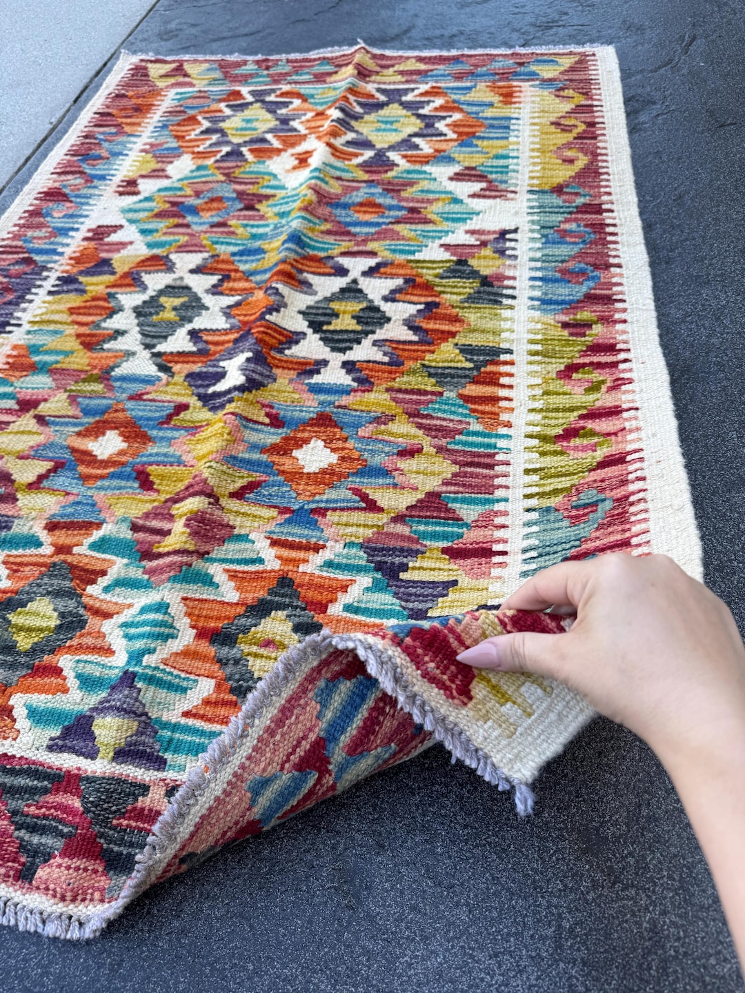 3x4 Handmade Afghan Kilim Rug | Cream White Charcoal Grey Aqua Teal ...