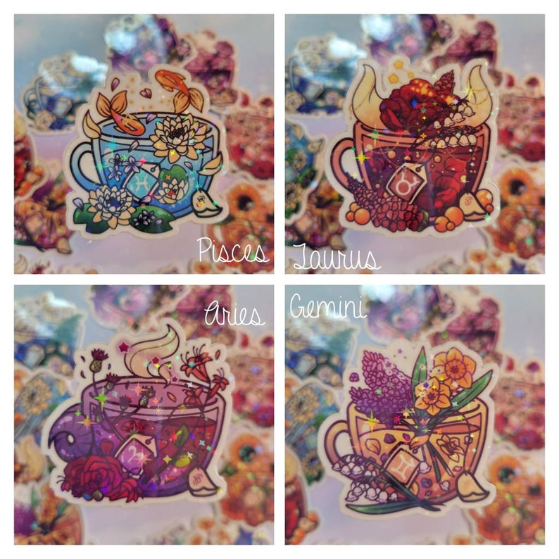 Zodiac Holographic Stickers Astrology Tea Cups Vinyl Etsy