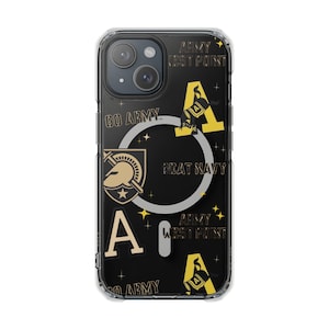 May include: Clear phone case with a black background featuring gold and white text and graphics. The case includes the phrases "GO ARMY", "BEAT NAVY", and "ARMY WEST POINT". The design also incorporates the letter "A" and a shield logo.