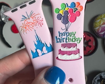 Disneyland Happy Birthday Inspired Watch Band Accessory Castle Minnie Bow Mickey Balloons and Fireworks Galaxy Fitbit Replacement Band