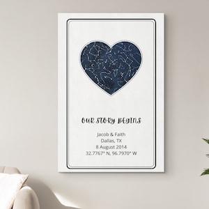 Personalisierte Himmelskarte Leinwand, Herz Stern Karte personalisiert, Hochzeitsgeschenk, Konstellation, Hochzeitstag Geschenk, Baby Shower Braut