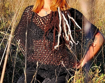 Crochet PONCHO Ręcznie robione czarne PONCHO BOHO na każdy sezon