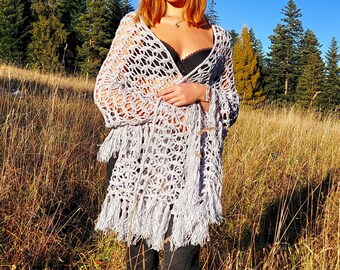Crochet CHUSTA Ręcznie robiona szara CHUSTA BOHO na każdy sezon