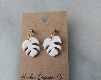 White monstera leaf polymer clay earrings