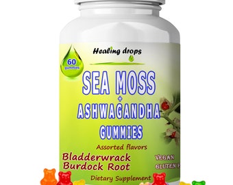 Sea Moss Gummies Ashwagandha with Bladderwrack Burdock Root, Alkaline Keto Vegan Non-GMO Diet, Dairy and Gluten Free – by Healing Drops