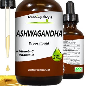 May include: A brown glass bottle of Ashwagandha drops liquid with a dropper. The label includes the text "Healing drops", "+ Vitamin C", "+ Vitamin D", and "60ml (2 fl.oz)". The product is a dietary supplement.