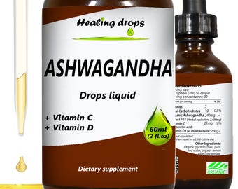 Gotas curativas de ashwagandha líquidas con vitamina C y D – Extracto orgánico de ashwagandha – Complemento herbal