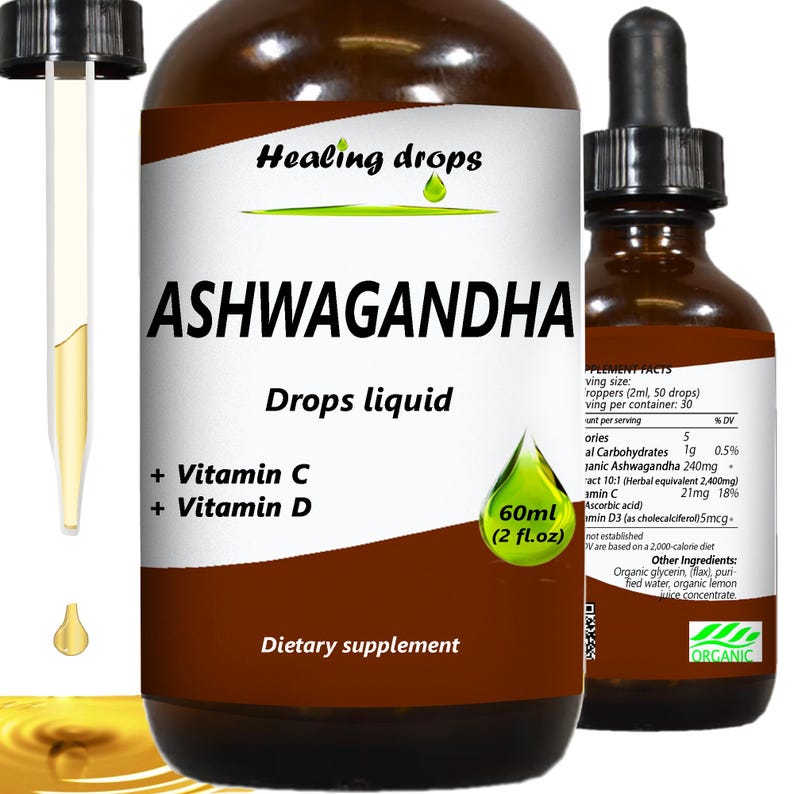May include: A brown glass bottle of Ashwagandha drops liquid with a dropper. The label includes the text "Healing drops", "+ Vitamin C", "+ Vitamin D", and "60ml (2 fl.oz)". The product is a dietary supplement.