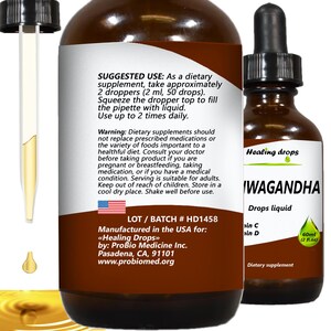 May include: Two brown glass bottles of liquid dietary supplement, one with a dropper. The label reads "WAGANDHA Drops liquid" and "60ml (2 fl.oz)". The bottles are labeled with usage instructions and warnings.