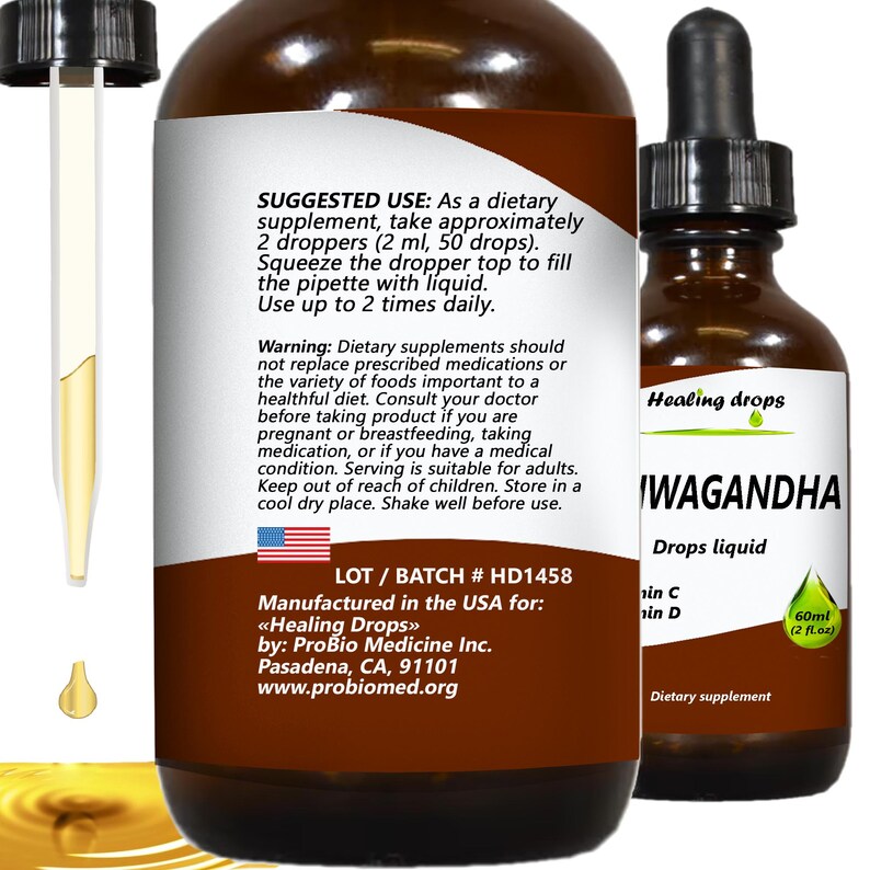 May include: Two brown glass bottles of liquid dietary supplement, one with a dropper. The label reads "WAGANDHA Drops liquid" and "60ml (2 fl.oz)". The bottles are labeled with usage instructions and warnings.