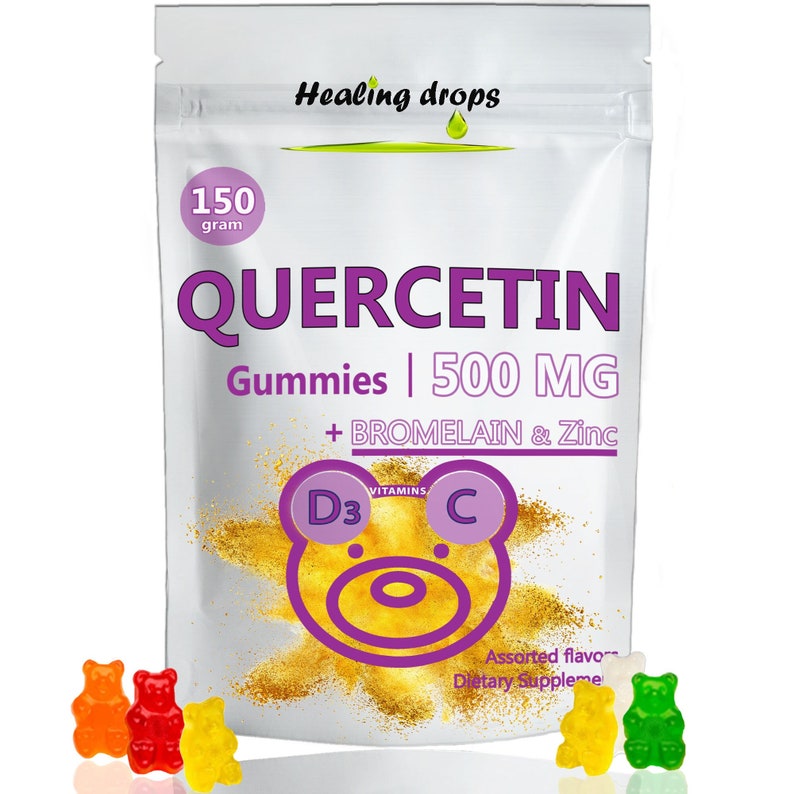 Puede incluir: Una bolsa blanca con fondo dorado y el texto "Healing drops" en verde. La bolsa contiene 150 gramos de Gummies de Quercetina con 500 mg de bromelina y zinc. La bolsa tambi&eacute;n presenta un oso de dibujos animados con el texto "D3" y "C" en &eacute;l. La bolsa est&aacute; rodeada por cuatro ositos de gominola de diferentes colores.