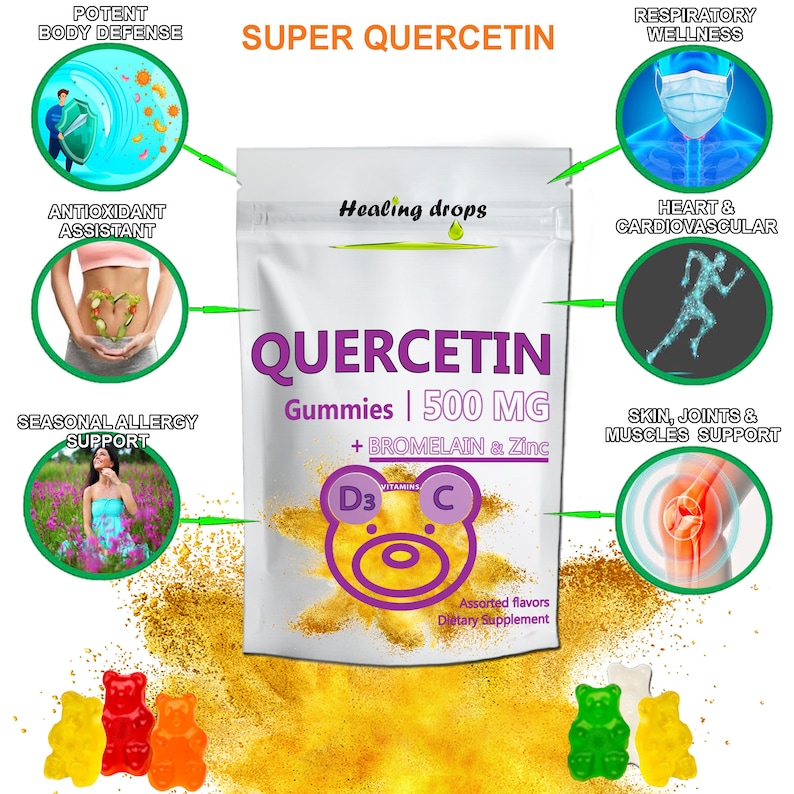 Puede incluir: Una bolsa de gomitas de Quercetina con 500 mg de Quercetina, Bromelina y Zinc. Las gomitas tienen forma de osos y vienen en sabores surtidos. La bolsa es amarilla con un efecto de brillo dorado. La bolsa est&aacute; etiquetada como "Super Quercetina" y "Healing Drops".