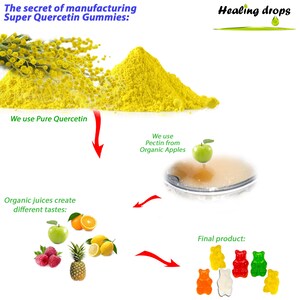 Puede incluir: Diagrama que muestra los ingredientes y el proceso para hacer gomitas de super quercetina. Los ingredientes incluyen polvo de quercetina puro, pectina de manzanas org&aacute;nicas y jugos org&aacute;nicos. El producto final es una variedad de ositos de gominola de diferentes colores.