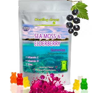 Irish Sea Moss Elderberry Gummies - Vitamin C D + Zinc - Bladderwrack Burdock Gummy Vegan Keto Detox Skin Joint Alkaline