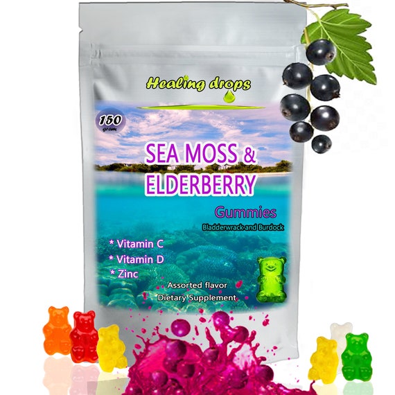 Irish Sea Moss Elderberry Gummies - Vitamin C D + Zinc - Bladderwrack Burdock Gummy Vegan Keto Detox Skin Joint Alkaline