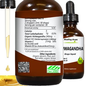 May include: Two brown glass bottles of liquid dietary supplement, one with a dropper. The labels read "WAGANDHA Drops liquid" and list ingredients including Vitamin C and D3. The bottles contain 60ml (2 fl. oz).