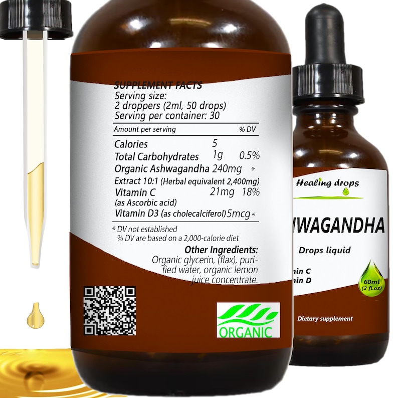 May include: Two brown glass bottles of liquid dietary supplement, one with a dropper. The labels read "WAGANDHA Drops liquid" and list ingredients including Vitamin C and D3. The bottles contain 60ml (2 fl. oz).