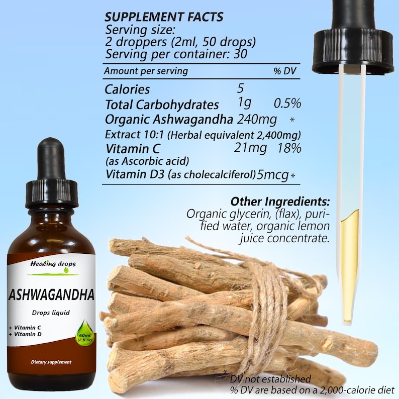 May include: A brown glass bottle of "Ashwagandha" drops with a dropper, a bundle of brown roots tied with twine, and a supplement facts chart. The bottle contains 60ml of liquid and includes Vitamin C and D.