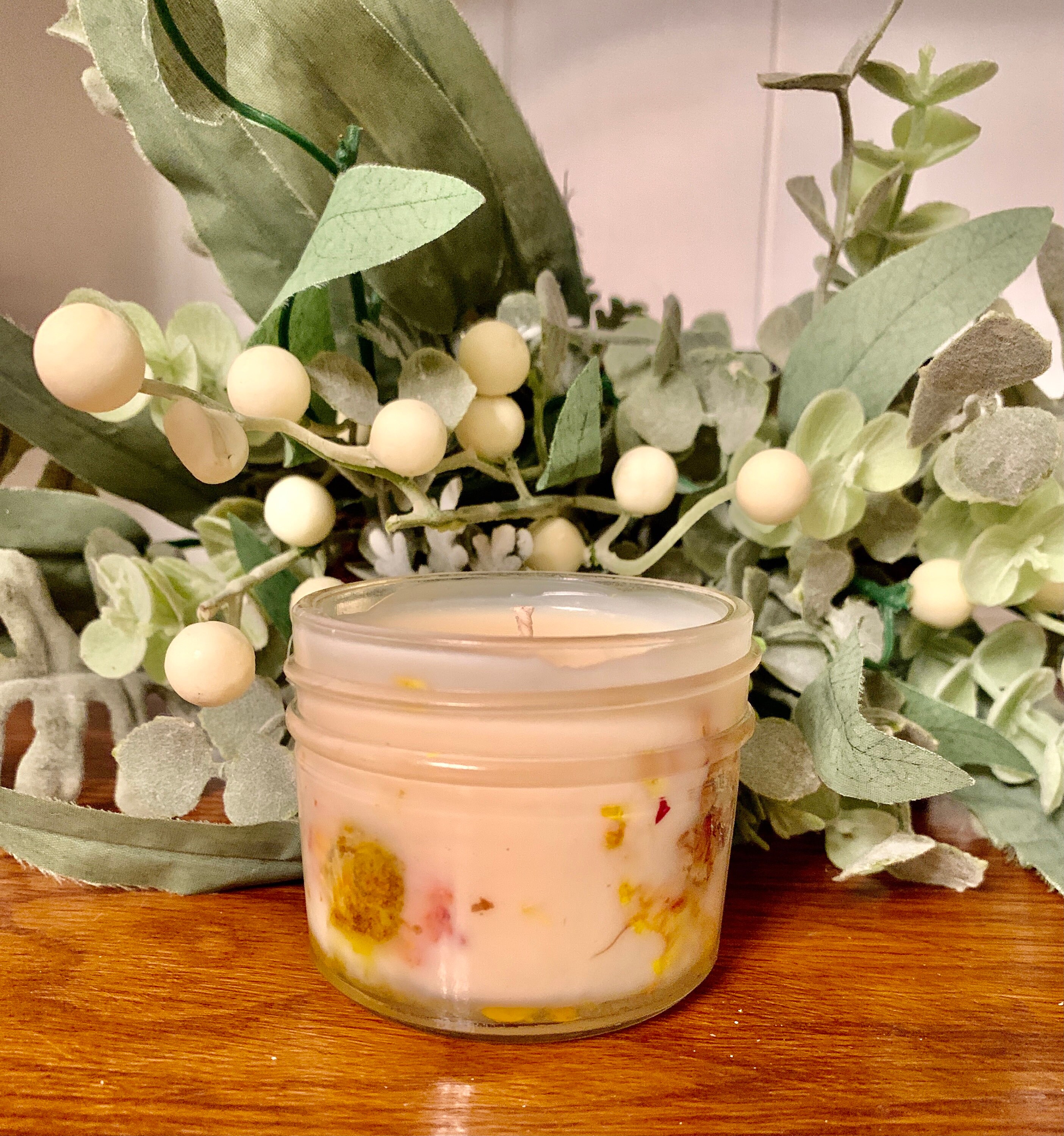 Soy candle 4 oz mason jar with dried flowers and herbs. Made Etsy