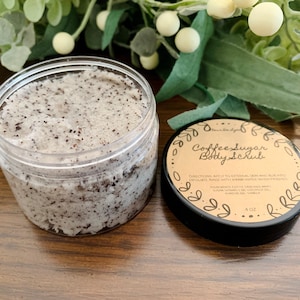 Coffee scrub, exfoliating. Leaves skin soft. Aids in removal of dead skin and helps circulation and cellulite