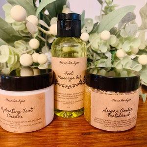 Gift set for Foot Care, includes foot scrub, hydrating foot lotion, and foot massage oil