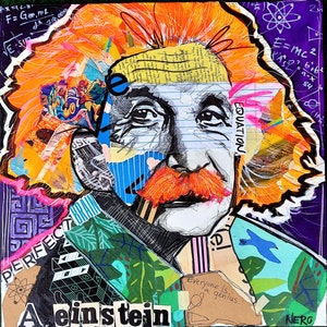 May include: A colorful collage featuring Albert Einstein's face, with his hair depicted as a bright orange explosion. The collage includes various textures and patterns, including a blue and white striped pattern, a green and brown leafy pattern, and a pink and purple geometric pattern. The text "PERFECT BRAIN" and "EQUATION" are visible in the collage. The text "Everyone is a genius." is also visible in the collage.