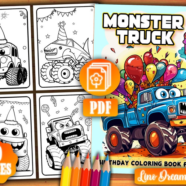 Monster Truck Birthday Boy Coloring Pages, Kids Birthday Party Gift Ideas, Printables Happy Birthday Present, Printable Digital File.
