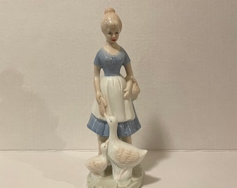 Ceramic Figurine Glazed Simson/Knick knack/ Lady Blue Dress Apron Feeding Geese/ vintage figurines/ vintage ceramic/ antique statues/ rare