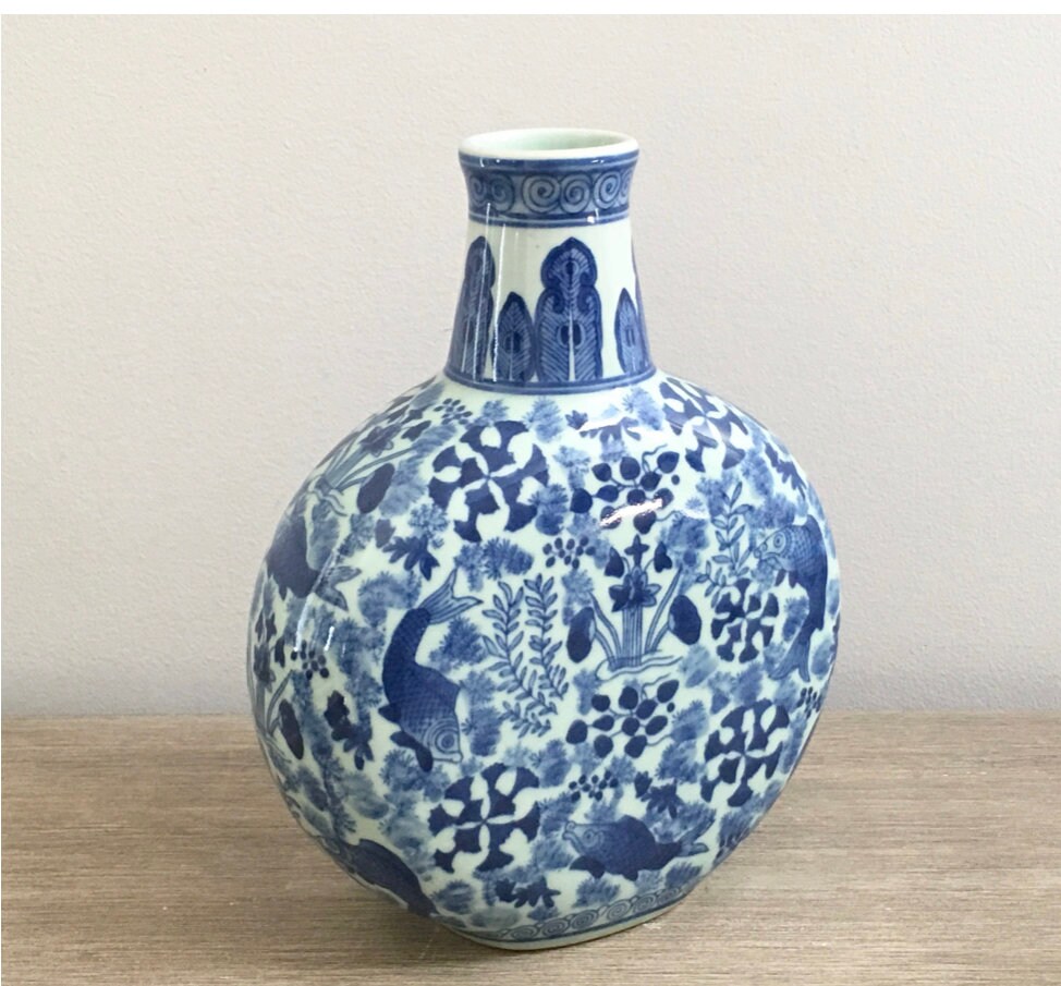 Vintage Chinese Vase Blue White Moon Flask Chinoiserie Vase Etsy