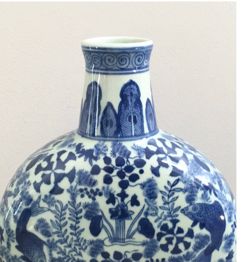 Vintage Chinese Vase Blue White Moon Flask Chinoiserie Vase Etsy