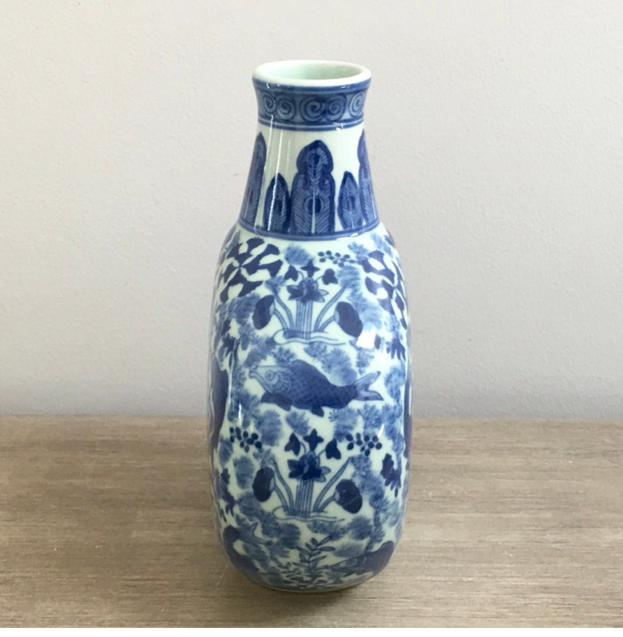 Vintage Chinese Vase Blue White Moon Flask Chinoiserie Vase Etsy
