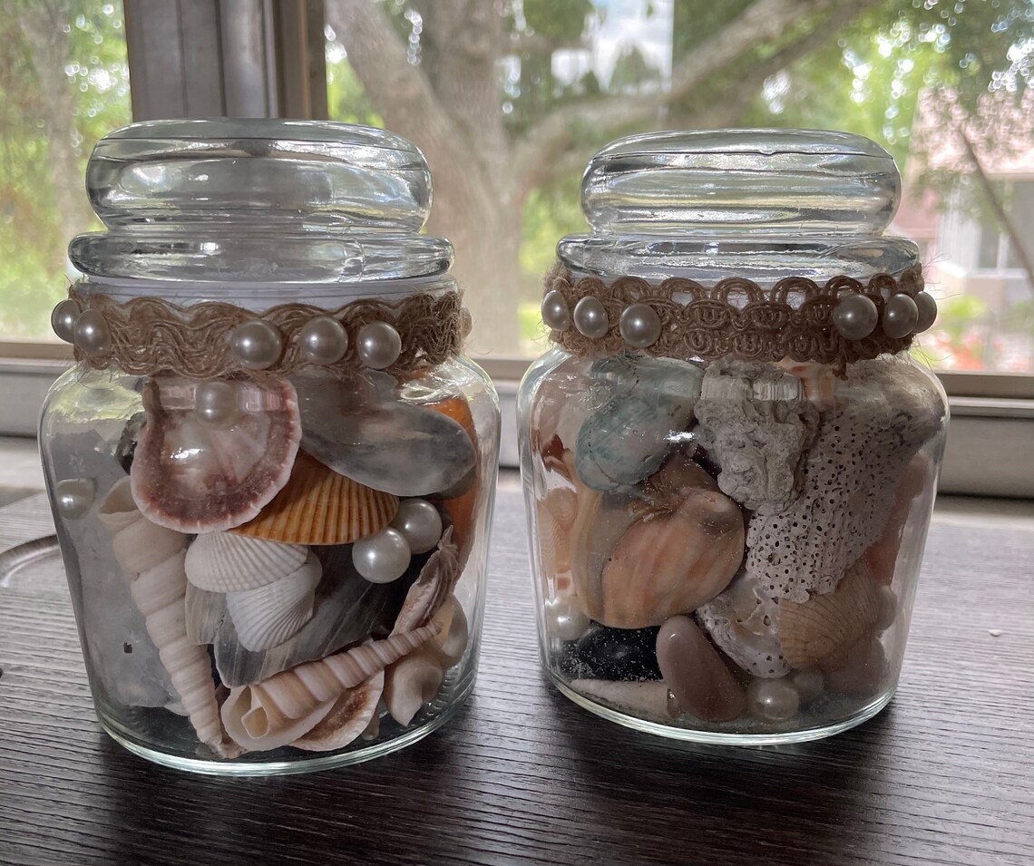 Sea shell home decor/handmade seashell jars/beach theme decor/ Etsy