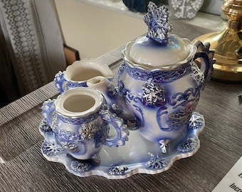 Vintage decorative tea set , cream and sugar kitchen ware/ home decor, vintage decor, vintage blue and white teapot/ unique and rare find