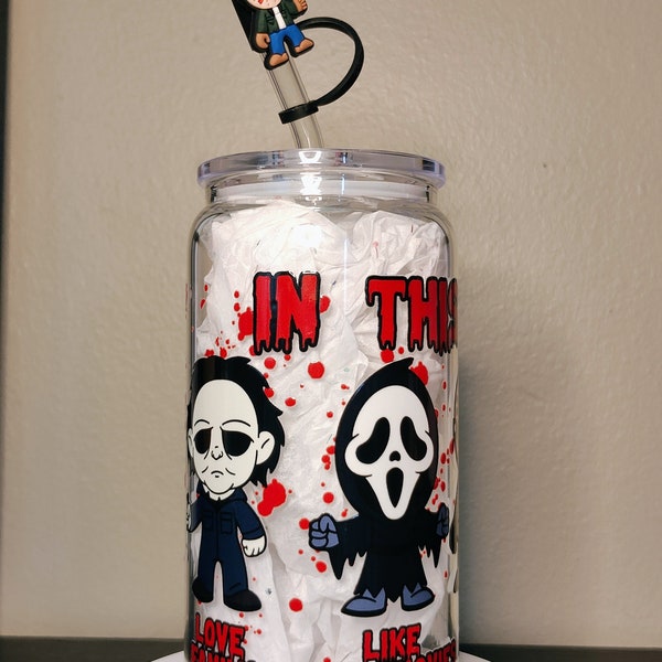 Popular horror movies decorated 16 oz libbey glass! UV DTF transfer adorns glass can with lid, glass straw and matching straw topper!