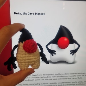 Może przedstawiać: Szydełkowy Duke, maskotka Javy, jest trzymany przed ekranem komputera wyświetlającym tę samą postać. Ręcznie robiona lalka ma czarną głowę, czerwony tułów i beżowe ciało. Na ekranie widnieje napis "Duke, the Java Mascot".