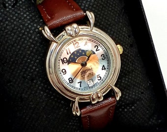 Vintage Junction West Quartz Moon Phase Watch Time Date Gold And Silver Tone  Brown Leather Band Working!