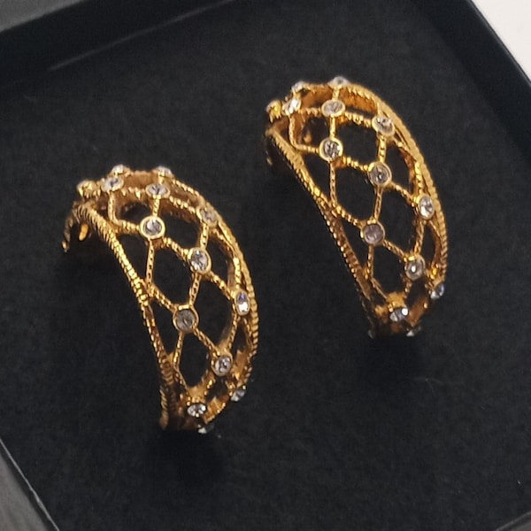 Vintage BUTLER Gold Plated Openwork Rhinestone Semi Hoop 14k Gold Post Earrings