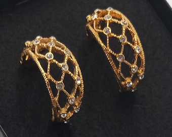 Vintage BUTLER Gold Plated Openwork Rhinestone Semi Hoop 14k Gold Post Earrings