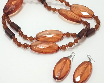 Vintage Clear Burnt Orange Glass and Lucite Beaded Necklace Earring Set