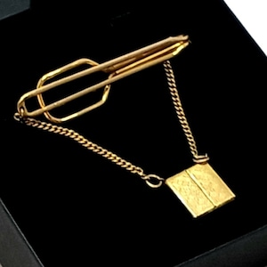 Vintage 1/20 12k Gold Filled Photo Locket Chain Tie Bar 1940&#39;s Monogram E.W.J.