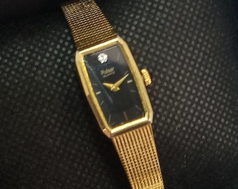 Vintage Pulsar (Seiko) Damen-Quarz-Armbanduhr Gold-Ton-Schmal-Schlank-Schwarz-Gesicht-Kristall-Akzent