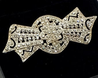 Broche Art Déco Argentée Géométrique - Strass Blanc Et Perle - Vintage Années 30 - Occasion