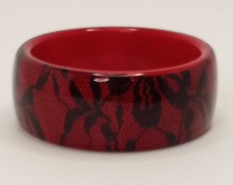 Vintage 80's Lucite Bangle Clear with Red with Black Lace Embedded