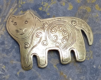 Vintage 80&#39;s Folk Art Silver Tone Cat Brooch