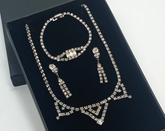 Vintage Silver Tone  Clear Prong Set  Rhinestone Choker Necklace Bracelet And Earrings