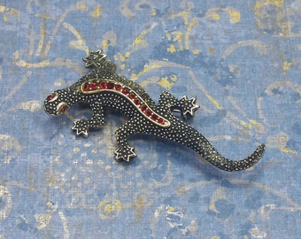 Vintage EMMONS Silver Tone Ruby Red Rhinestone Gecko Lizard Brooch 1950's